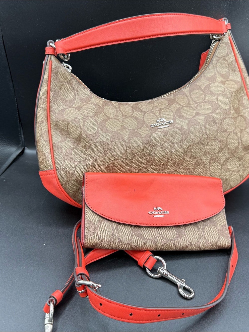 Coach Brown Signature Canvas Shoulder Bag with orange Trim